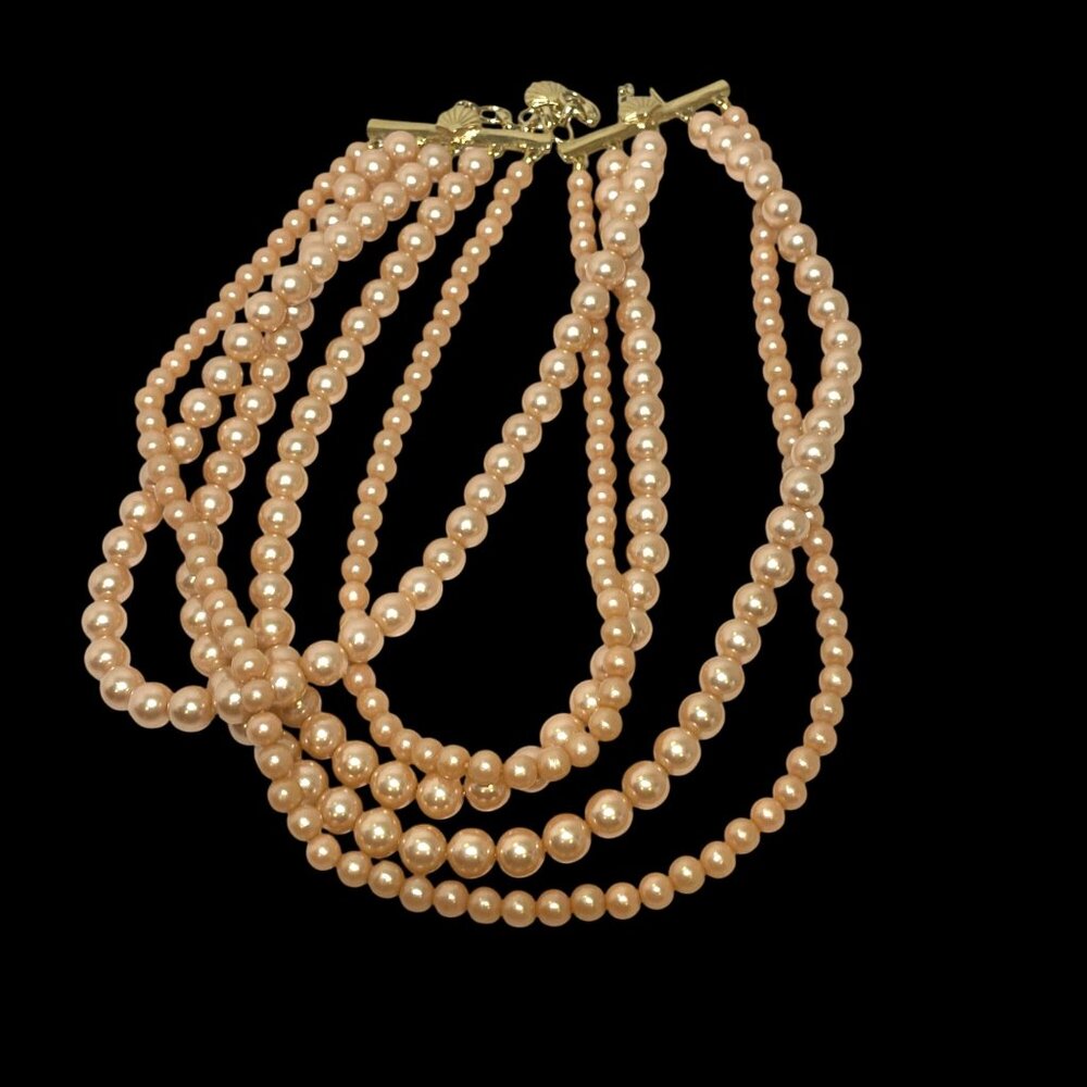 Multi-Strand Peach Faux Pearl Necklace With Gold Bar & Shell Clasp